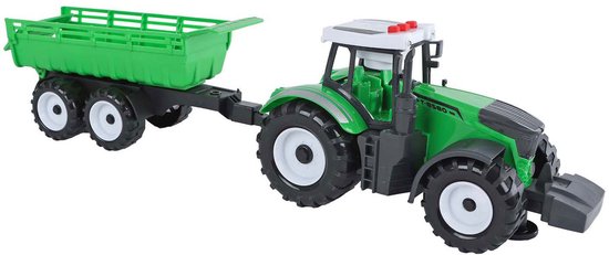 Groene speelgoedtractor met witte cabine en groene aanhanger.