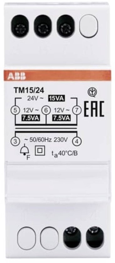 Witte ABB TM15/24 beltransformator met oranje accent en zwarte schroefklemmen. Geeft 24V, 15VA, met twee 12V, 7.5VA uitgangen.