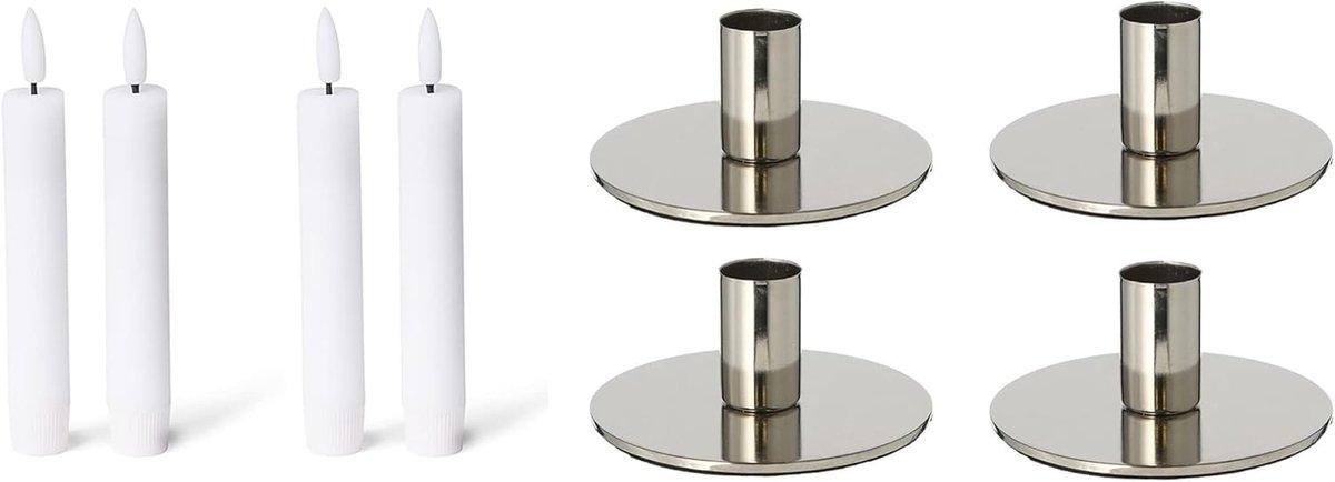 Novaliv Set van 4 zilveren kaarsenhouders Kerstdecoratie kaarsenhouder 10x5cm metaal met LED-kaarsen vlamloze echte waskaarsen premium Adventskrans Kerst scandinavische chique tafelkaarsen wit