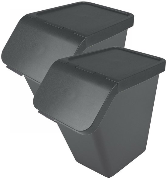Sunware Sigma Home sorteer bak met deksel - 2x - afvalbak - antraciet - stapelbaar - 40L - 49 x 27 x 45 cm