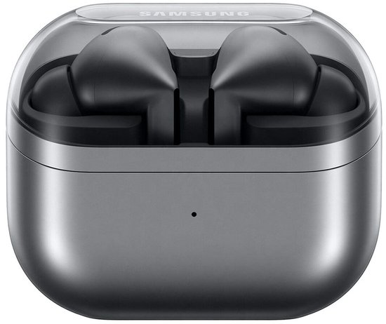 Grijze Samsung Galaxy Buds3 Pro in gesloten oplaadcase met transparant deksel.