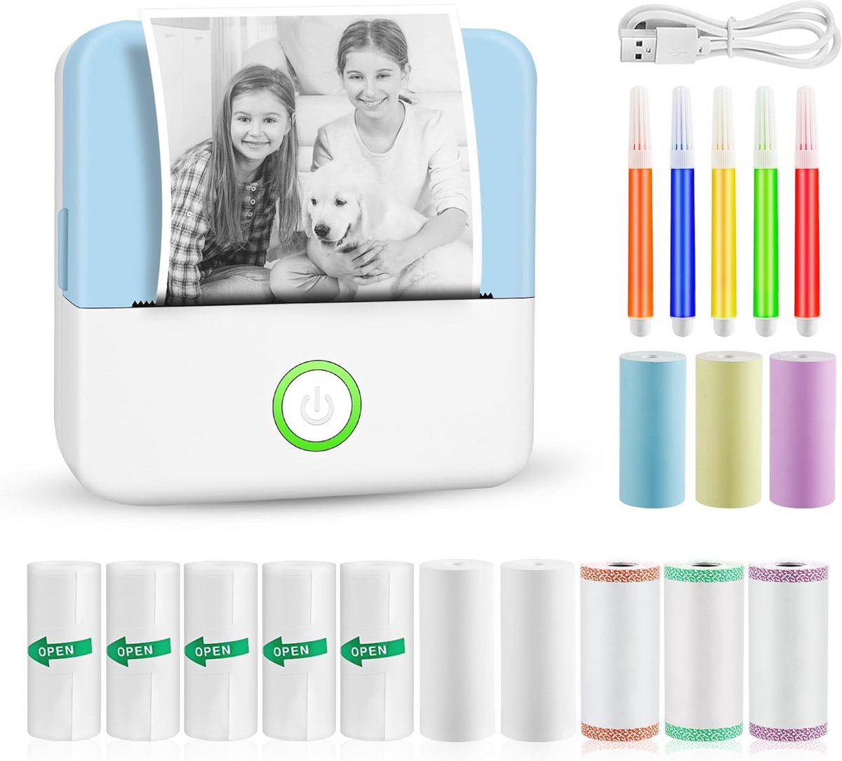 Draagbare Bluetooth Mini Fotoprinter met 13 Rollen Printerpapier en Kleurpotloden