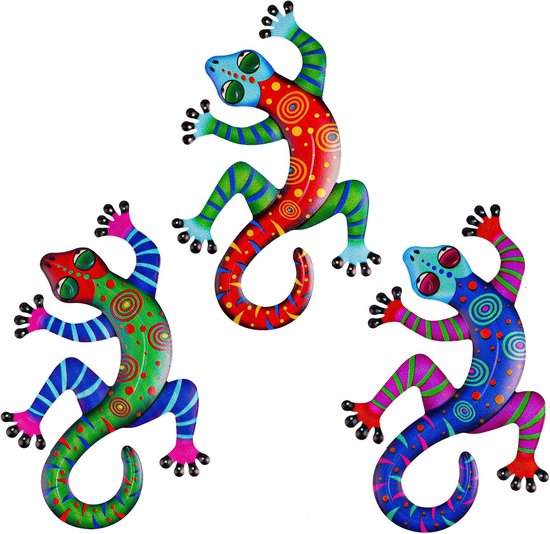 Kleurige metalen gekko wanddecoratie voor buiten