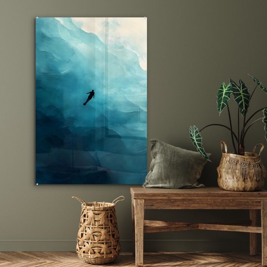 MuchoWow® Glasschilderij 80x120 cm - Schilderij acrylglas - Zee - Silhouet - Abstract - Blauw - Foto op glas - Muurdecoratie woonkamer - Wanddecoratie slaapkamer - Schilderijen