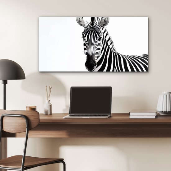 Aluminium schilderij 80x40 cm - Wanddecoratie metaal - Zebra - Close-up - Zwart - Strepen - Metalen muurdecoratie woonkamer - Decoratie industrieel - Foto op dibond - Industriële accessoires slaapkamer