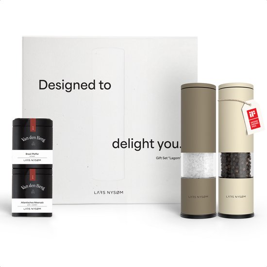 LARS NYSØM Set Cadeau Moulins à Épices & Épices - Coffret moulin à sel et poivre avec moulin à piment et 2 pots à épices (sel, poivre, piment) - Une belle idée cadeau grâce au joli coffret cadeau - Marron taupe/beige amande