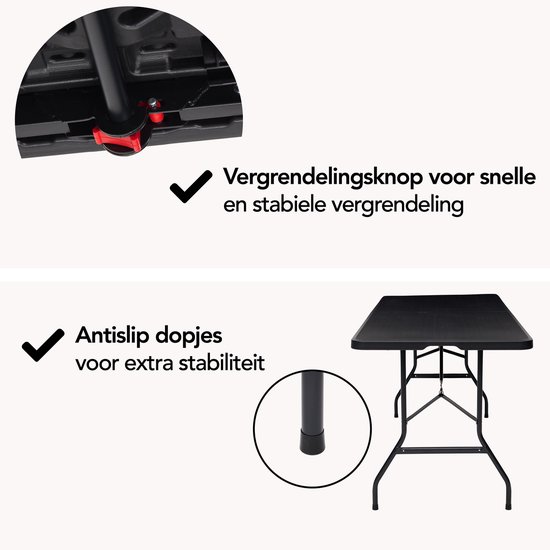 Zwarte tafel met details: vergrendelingsknop, antislip dopjes.