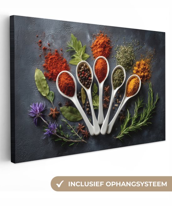 Canvas schilderij 120x80 cm - Exclusieve wanddecoratie Lepels - Wit - Poeder - Kruiden - Muurdecoratie accessoires - Keuken decoratie muur - Schilderijen op canvas