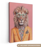 Tableau sur toile 60x90 cm - Décoration murale exclusive Lion - Costume - Carreaux - Lunettes - Décoration murale salon - Décoration chambre - Accessoires chambre - Peintures sur toile