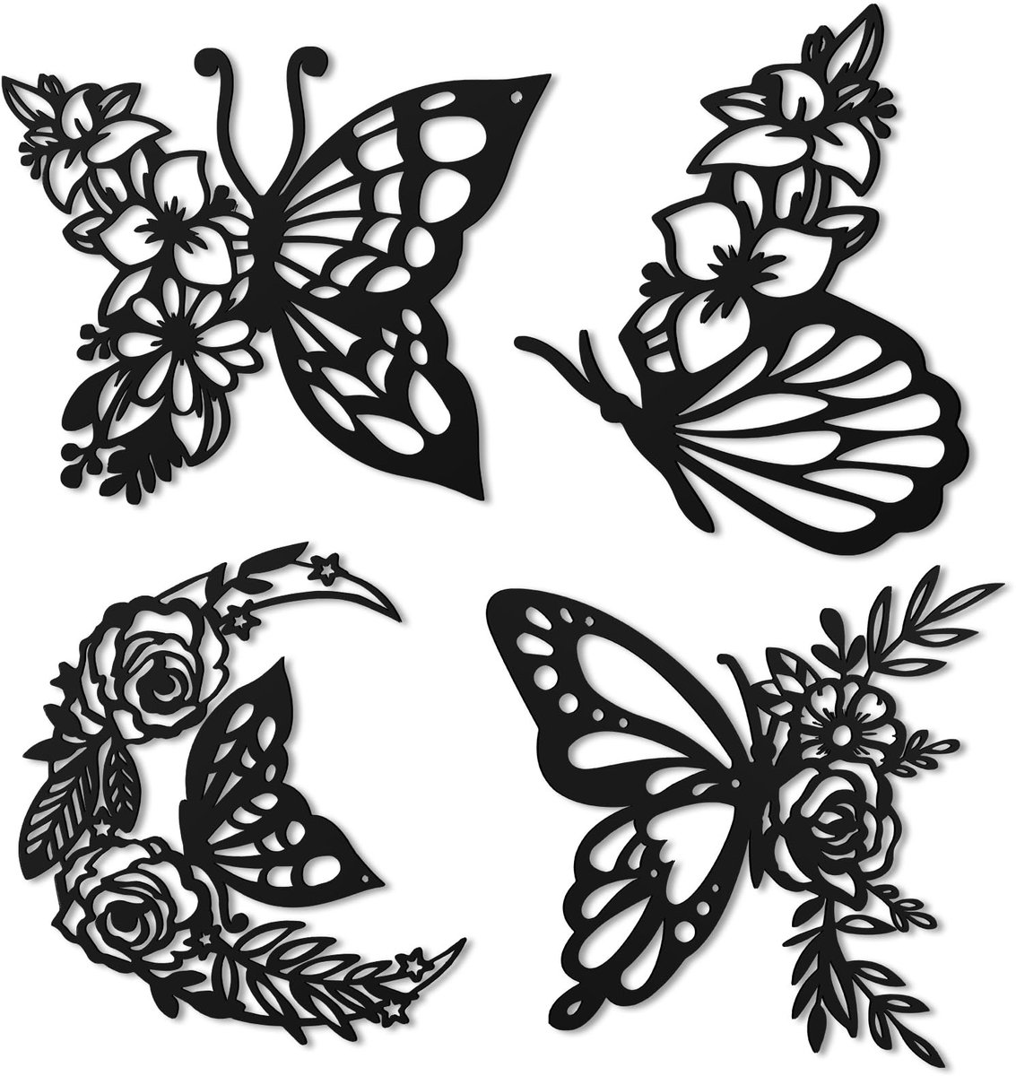 Ibenzoa® Set van Vier Metalen Vlinder Wanddecoraties met Maanfasen en Bloemenmotieven - Zwart