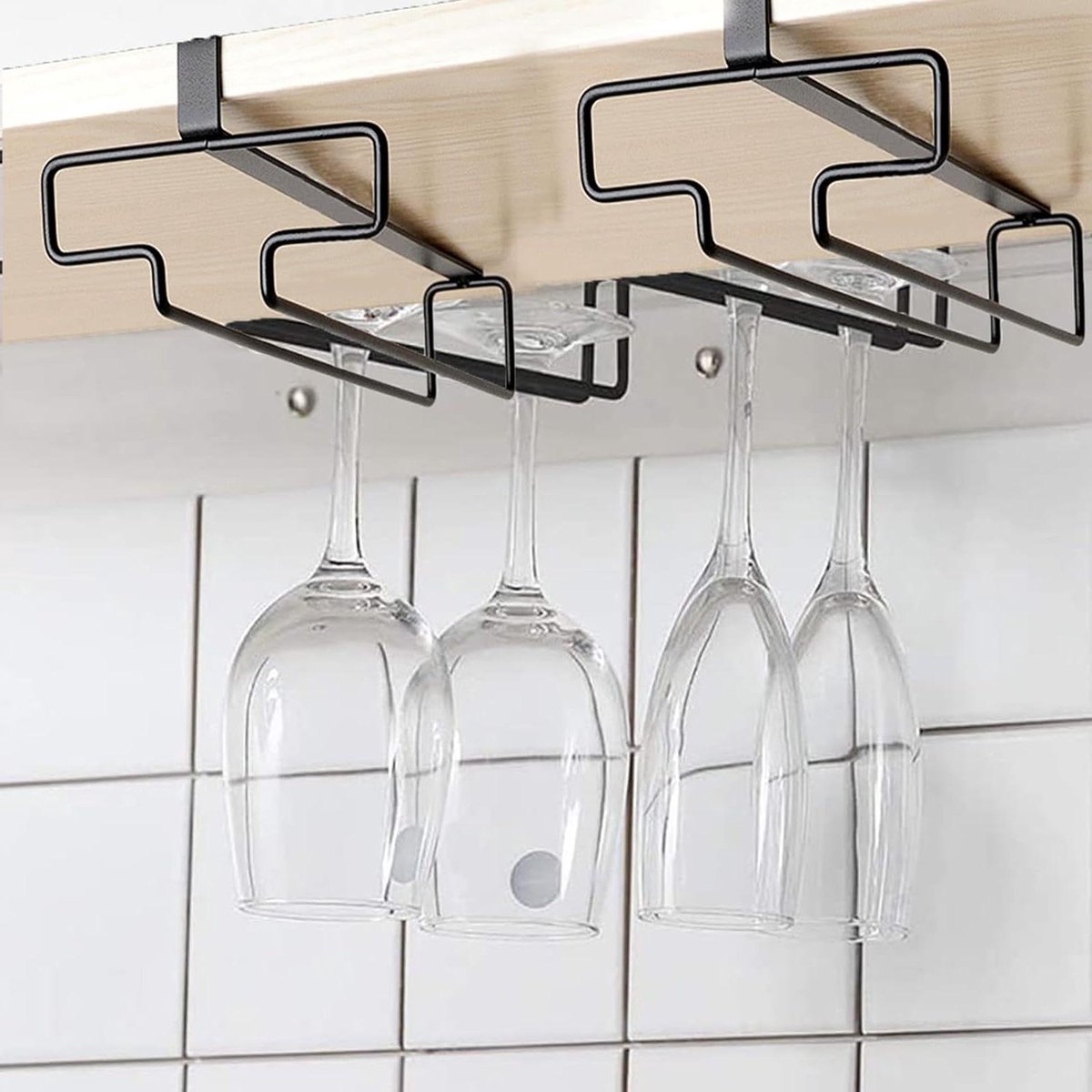Set van 2 Hangende Wijnglashouders - Boorvrij Onderkast Glaswerkrek voor Bar, Keuken & Thuis (Zwart)