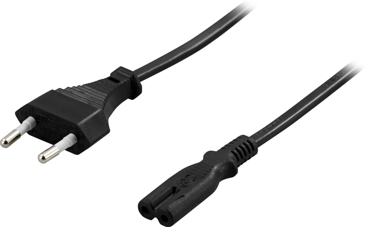 DELTACO DEL-109A, Kabel voor verbinding tussen apparaat en stopcontact, CEE 7/16 naar IEC 60320 C7, 2m, zwart