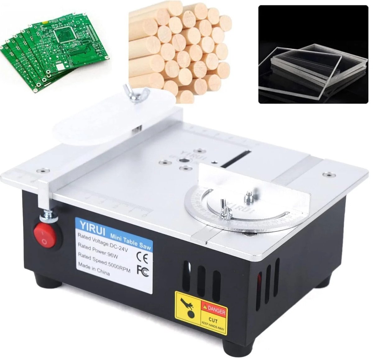 Mini Tafelzaag – 96W – Verstelbare 7 Snelheden – 5000 RPM – Snijdiepte 15 mm – Aluminiumlegering – Incl. 3 Zaagbladen, Stofslang & Adapter – Voor Hout, PCB, Acryl, Aluminium – 18×14×8 cm