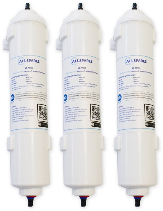 AllSpares Waterfilter (3 St.) voor Koelkasten geschikt voor o.a. Samsung DA29-10105J / HAFEX/EXP / EF-9603 / WSF-100, LG 5231JA2010B / ADQ73693903 / ADQ736939 en WPRO USC100