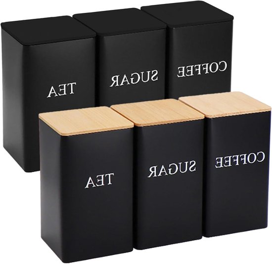 Lot de 3 bocaux de rangement en métal avec couvercle hermétique en bambou et marque- naam pour votre thé, café et sucre préférés - 1000 ml
