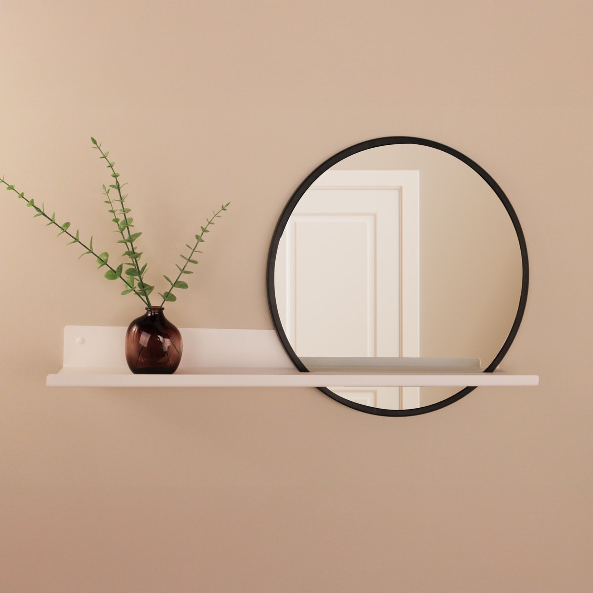 Ronde wandspiegel met plank - Zwarte hal spiegel diameter 51 cm - Spiegel met wandplank- Woonkamer - Badkamer - Toilet - Spiegelplank - ByBresi Belvi Wit