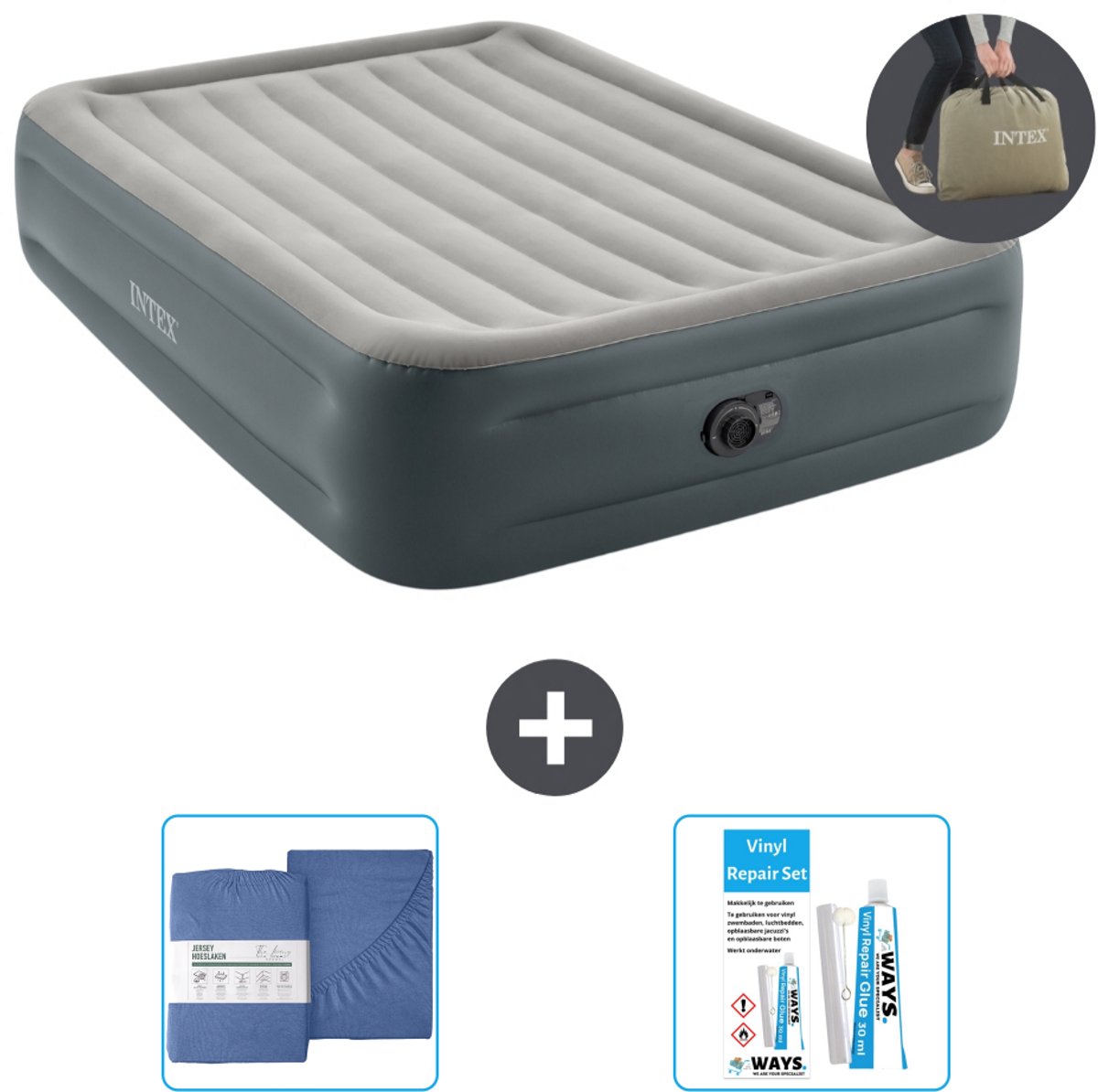Intex Luchtbed - 2-Persoons - 152 x 203 x 46 cm - Grijs - Inclusief pomp - Hoeslaken en Reparatieset