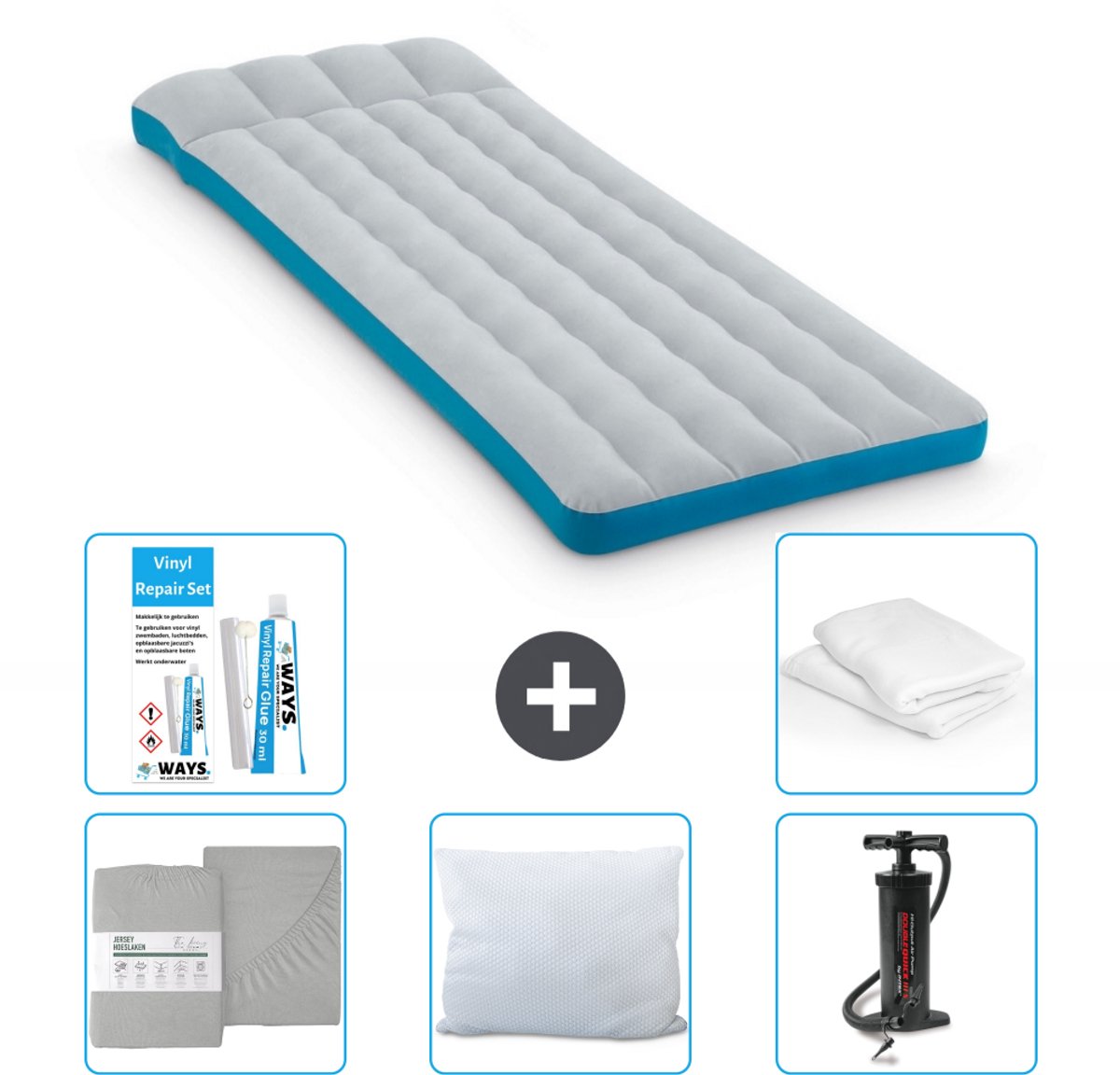 Intex Campingmat - Twijfelaar - 72 x 189 x 20 cm - Blauw - Inclusief Hoeslaken - Kussen - Pomp - Reparatieset en Kussenbeschermer