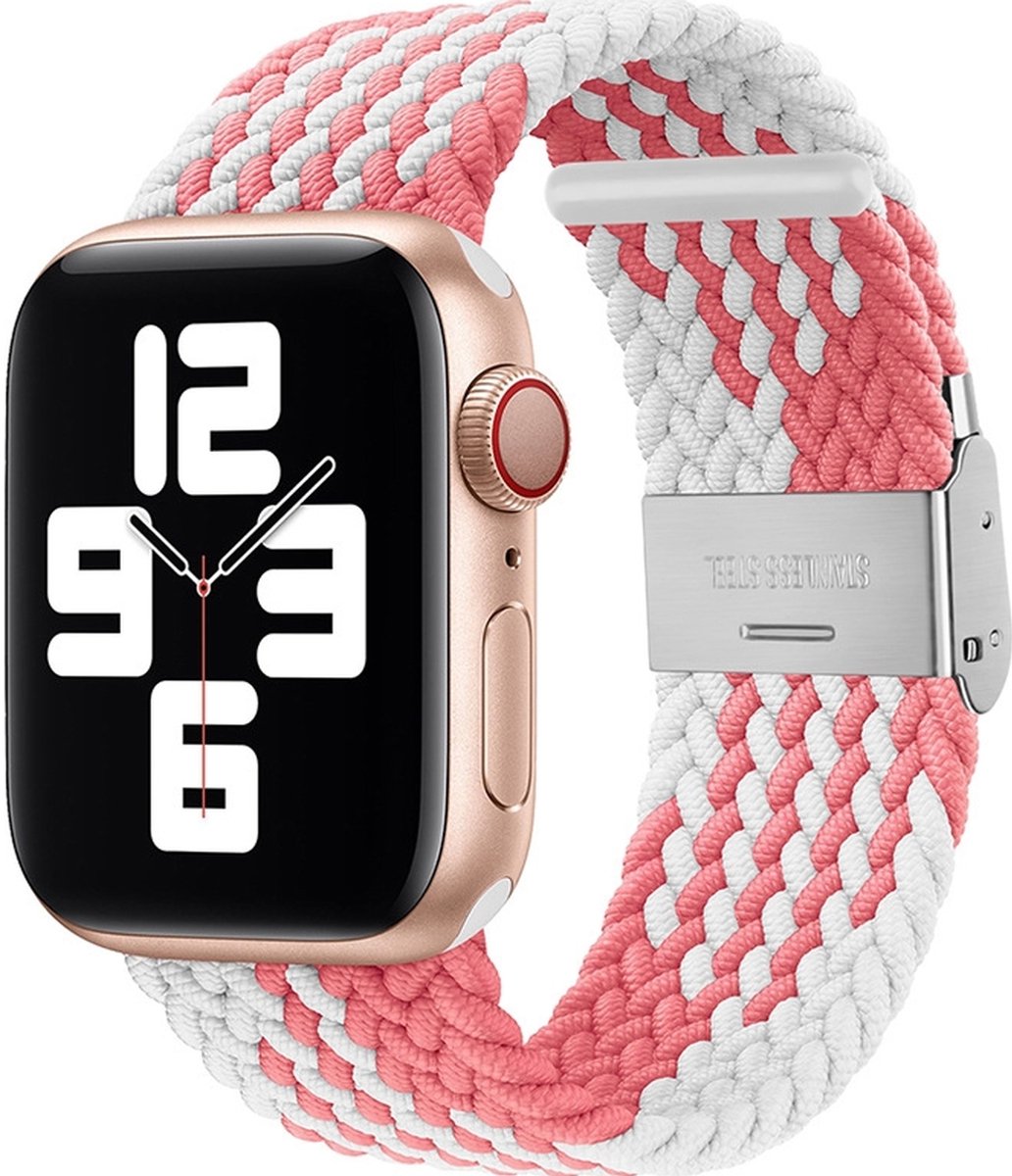 Mobigear Nylon Watch bandje geschikt voor Apple Watch Bandje Klemsluiting | Mobigear Braided - 42/41/40/38 mm - Wit / Roze