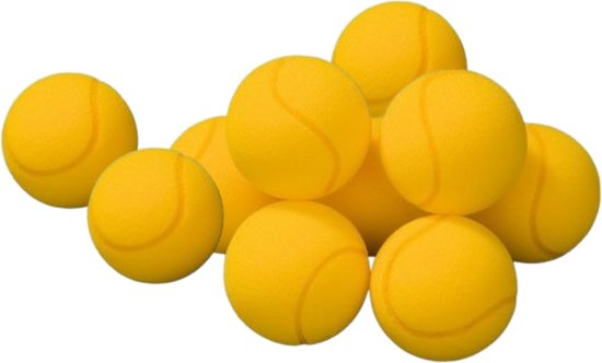 Een stapel van tien gele schuimtennisballen van 9 cm.