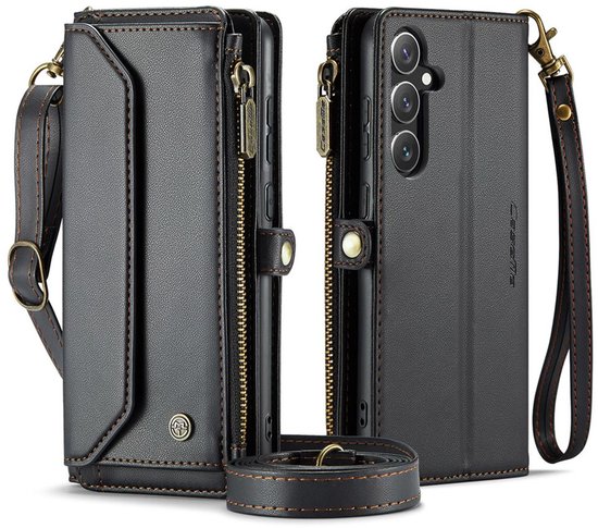 CaseMe Bookcase hoesje geschikt voor Samsung Galaxy A56 - Effen Zwart - Kunstleer - Portemonnee Hoesje met Koord, Ritsvakje & 7 Vakjes voor Pasjes