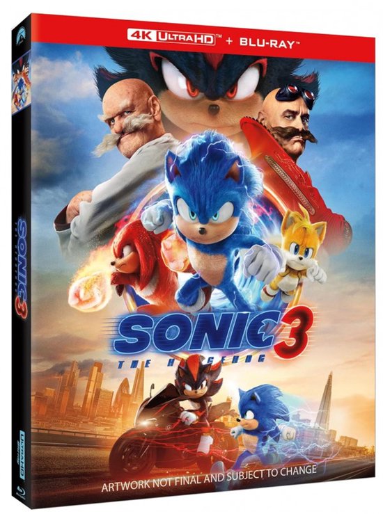 Sonic the Hedgehog 3 4K Ultra HD + Blu-Ray hoes, met Sonic, Tails, Knuckles, Shadow en Dr. Robotnik.
