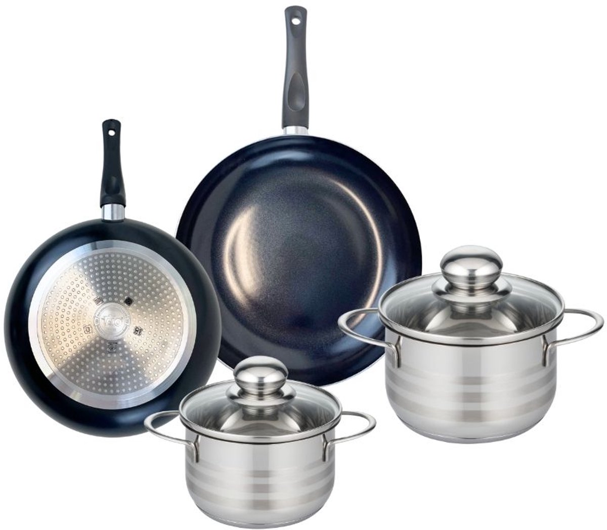 Set van 2 Koekenpannen 20 en 24 cm en 2 Kookpotten 14 en 16 cm Elo Prima Glanzend