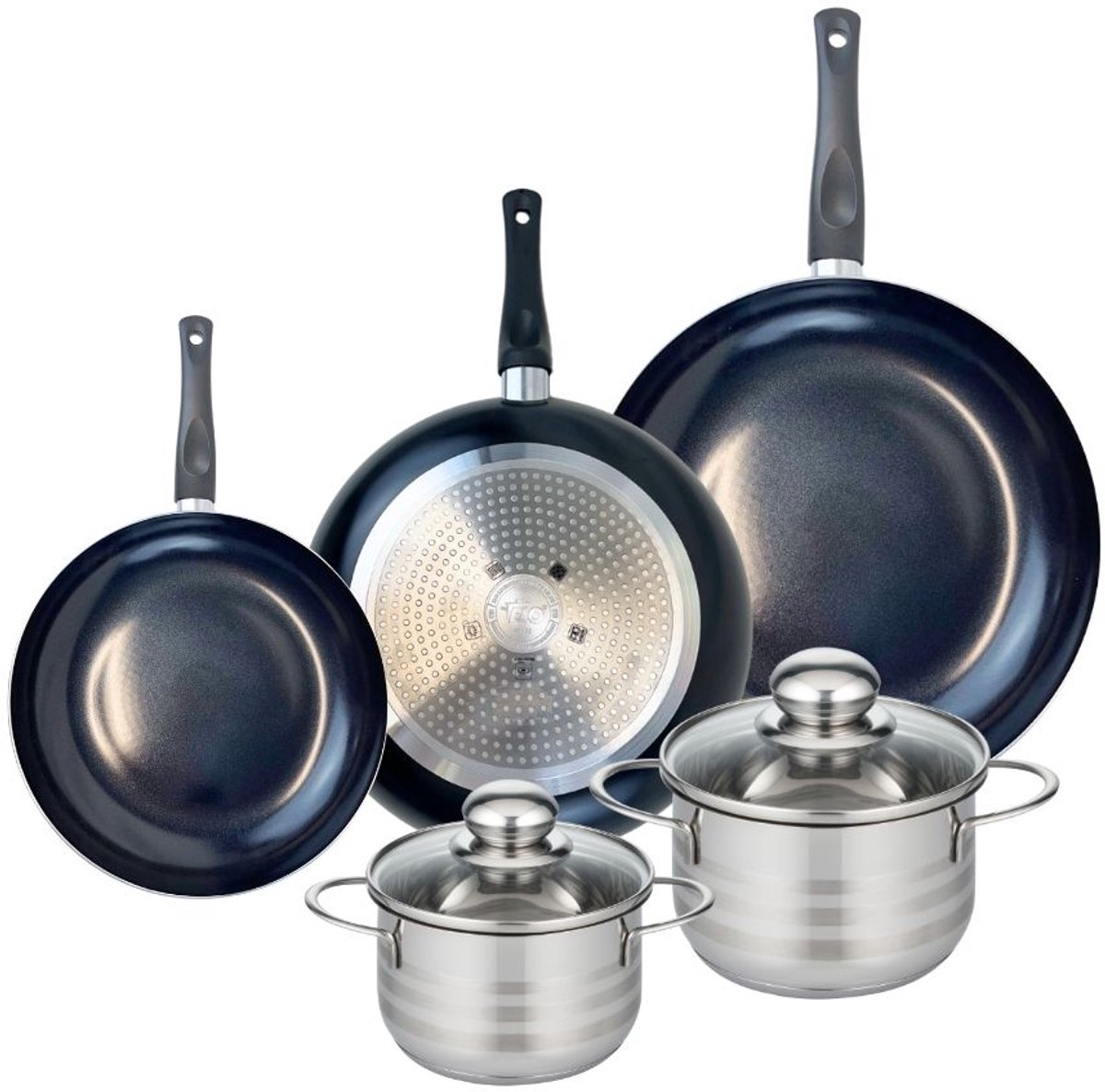 Set van 3 Kookpannen 20, 24 en 28 cm en 2 braadpannen 14 en 16 cm Elo Prima Glanzend