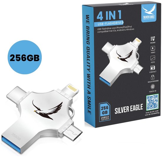 Silver Eagle® 4 in 1 Flash drive 256 GB voor iPhone & Android - USB Stick C naar A - Flashdrive USB-sticks - Lightning