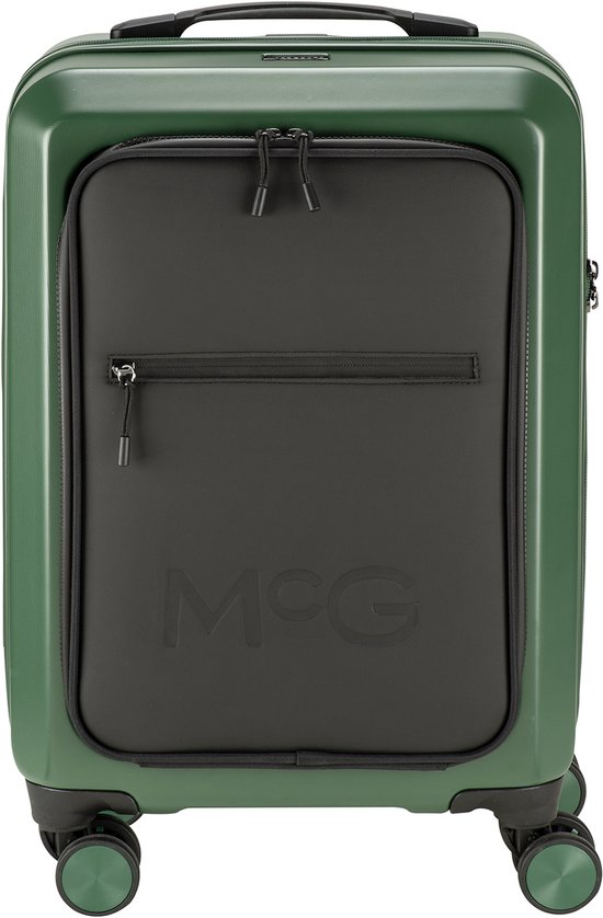 Donkergroene handbagagekoffer van McGregor met zwart voorvak, ritssluiting en vier wielen.