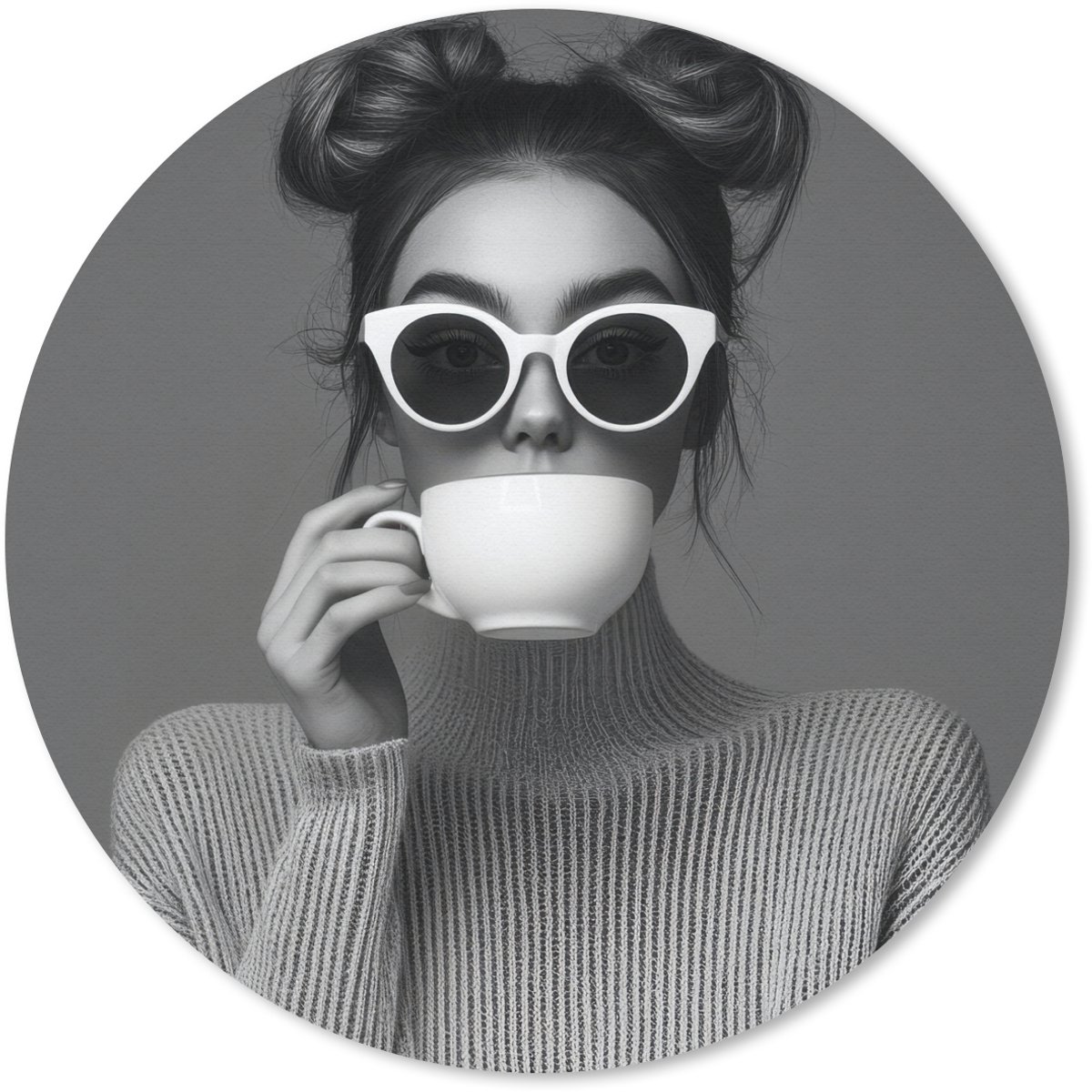 Muismat rond 20x20 cm - Mousepad Vrouw - Koffie - Zwart - Wit - Ronde muismatten