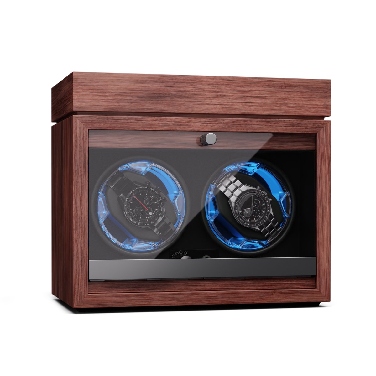 Brienz 2 watchwinder, 2 horloges, 4 modi, houten look, blauwe binnenverlichting, sieradenvakje