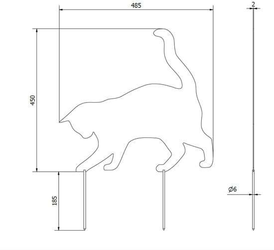 Technische tekening van een lopende metalen kat, inclusief afmetingen.