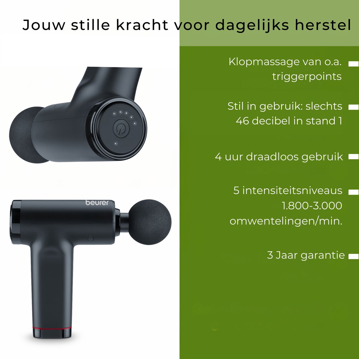 Beurer MG 89 CompactPower Professionele Massage Gun – Diepe Spiermassage – 10 mm Slagdiepte – 5 Snelheden – 3 Opzetstukken – USB-C – Stil – Spierherstel & Ontspanning – 3 Jaar Garantie — cadeau in Sport & Outdoor - foto 6