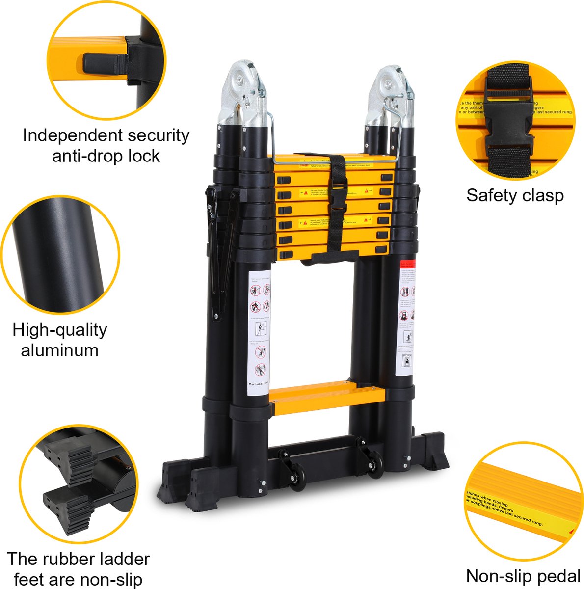 Telescopische Ladder - Telescoopladder - 2,5m+2,5m zwart, Compact en Draagbaar met Soft Closing Systeem, Geschikt voor Particulier en Professioneel Gebruik, Telescopische Vouwladder, Max. Belasting 150 kg – foto 5