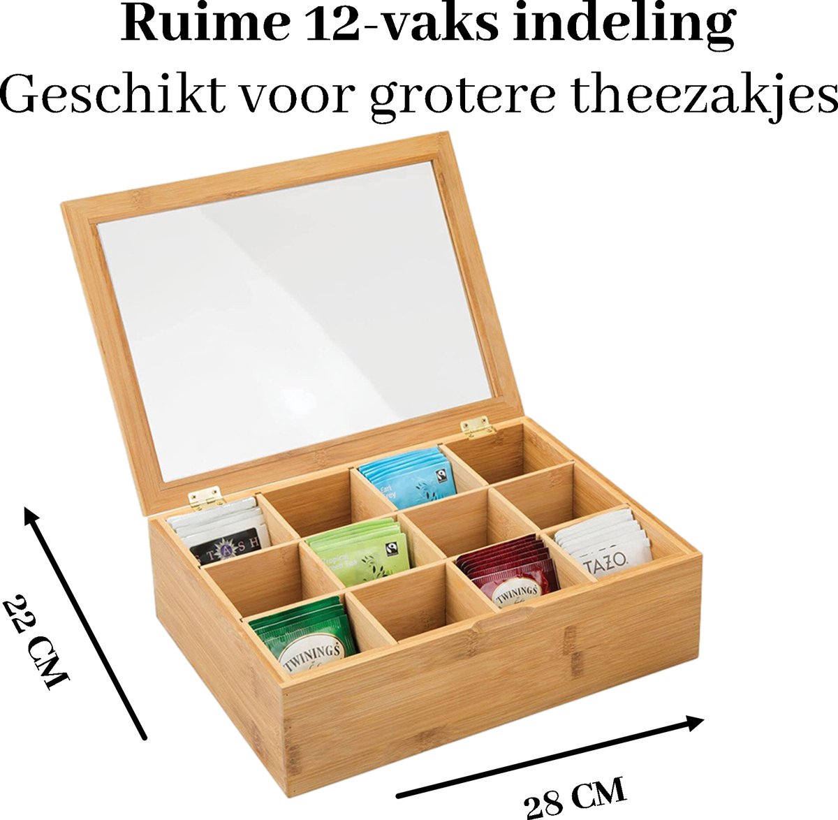 LifeLux Luxe Bamboe Theebox 12 vakken – Stijlvolle Thee Opbergdoos met Doorzichtige Bovenkant | Organizer voor Theezakjes & Accessoires — cadeau in Wonen & Interieur - foto 4