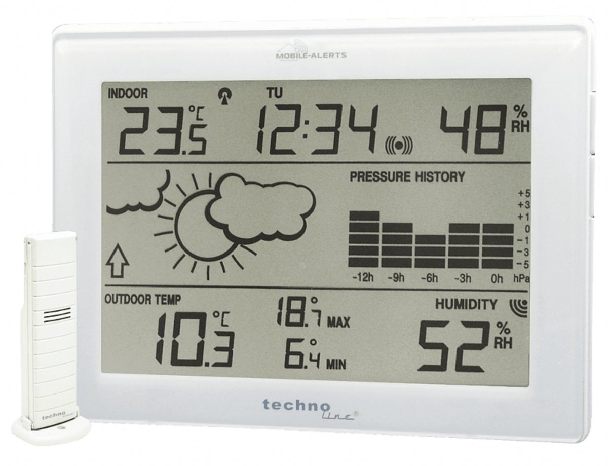 Weerstation - Inc. zender - Weersvoorspelling en omstandigheden - Radio gestuurde klok - Datum - Wekkerfunctie -Technoline Mobile Alerts 10410
