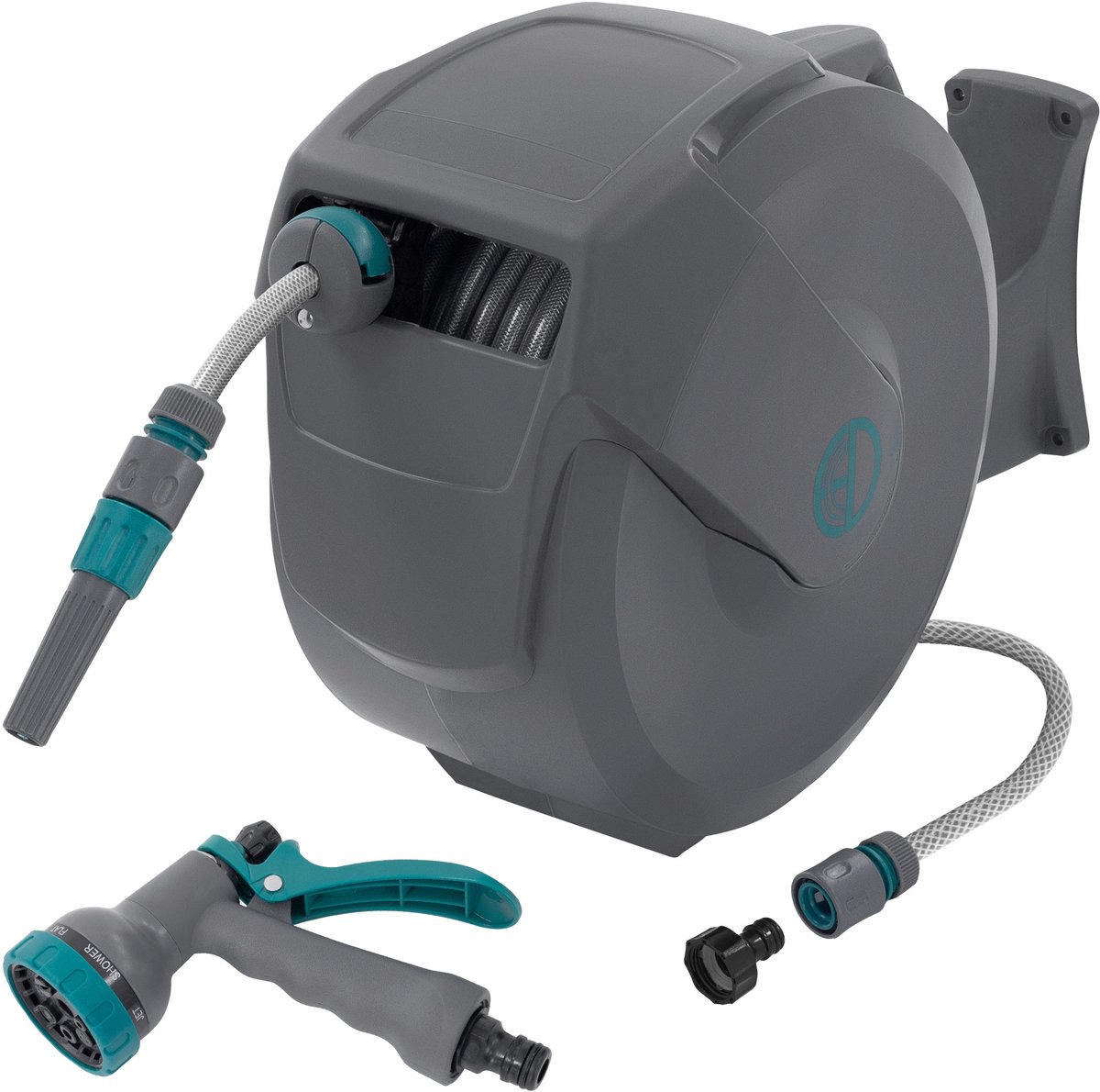 ECD Germany rollup tuinslanghaspel 20m+2m muurgemonteerde slanghouder met automatisch oprolmechanisme vergrendelingssysteem 9 sproeifuncties 180° zwenkbaar waterslangbox voor wandbevestiging ideaal voor tuin en terrasonderhoud