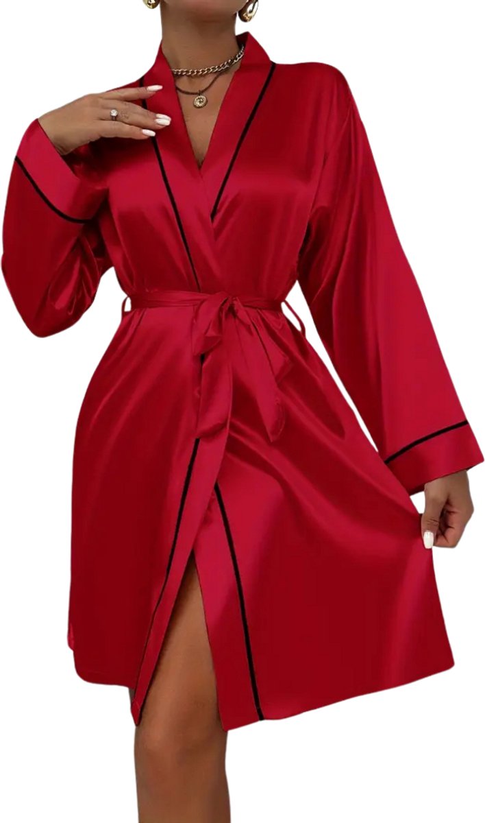 Livano Satijnen Badjas Dames - Kimono - Kamerjas - Satijn - Ochtendjas - Pyjama - Rood - M