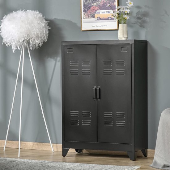 Hoge Commode ZOVA Met 6 Planken, Decoratieve Groeven En Metalen Poten Zwart 103 129 39cm Cashmere Beige