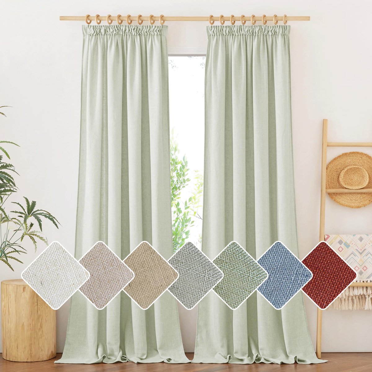 Unyqoos Stijlvolle Linnen Gordijnen voor Woonkamer met Semi-Transparante Boho-Uitstraling, Set van 2 Stuks groen