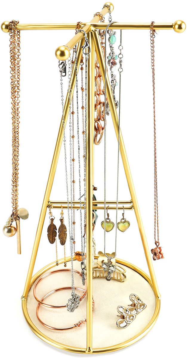 Ibenzoa® Sieraden Organizer Piramidevormig met Gouden Afwerking en Ronde Basis voor Kettingen en Armbanden