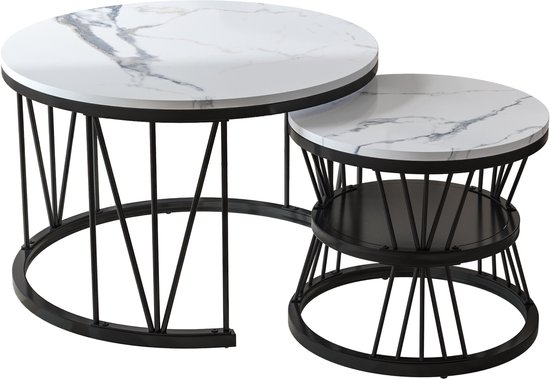 Set de 2 tables basses rondes 70/45 cm, plateau en V Étagère dorée + plateau blanc avec motif marbre, convient pour salon, salle de café, salon - Wit avec Zwart