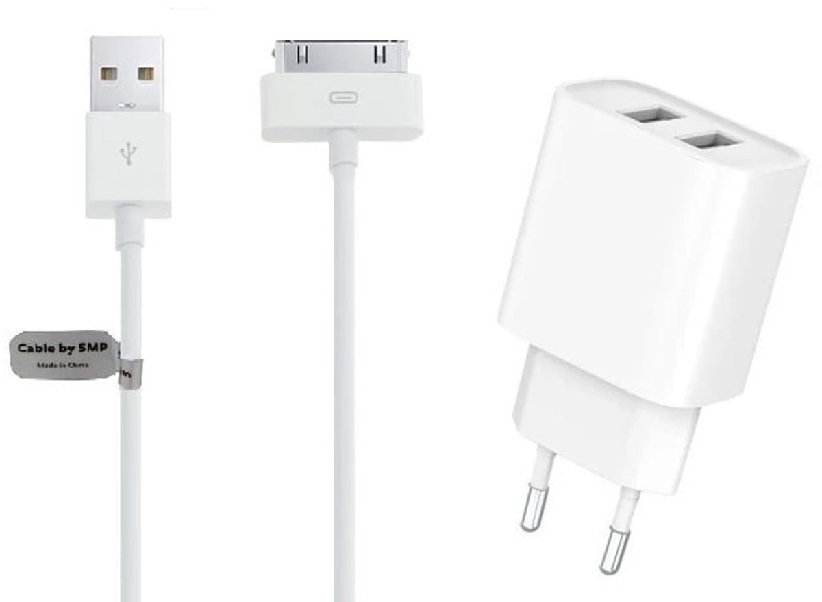 OneOne 2.4A lader met 2 poorten + 3,0m USB kabel. Oplader adapter past op Apple iPhone 3G, 3Gs, iPhone 4, 4s, iPad 1, iPad 2, iPad 3, iPod Classic, iPod Mini, iPod Nano 1, 2, 3, 4, 5, 6, iPod Touch 1, 2, 3, 4