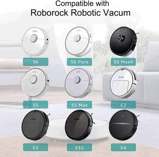 Afbeeldingen van compatibele Roborock robotstofzuigers: S6, S6 Pure, S6 MaxV, S5, S5 Max, E2, E3, E35, E4.