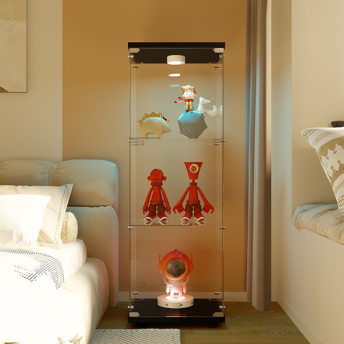 Glazen vitrinekast met LED, Moderne vitrinekast met 3 planken in ESG-glas, Collectie vitrinekast voor Bar, Woonkamer, 125 x 42 x 36 cm, Zwart