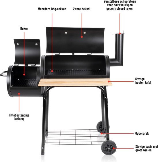 BBQ Collection 2-in-1 Smoker BBQ - Houtskool Barbeque - Buitenkeuken Barbecue - Grill en Smokerbarbecues - 104 x 58 x 114 cm