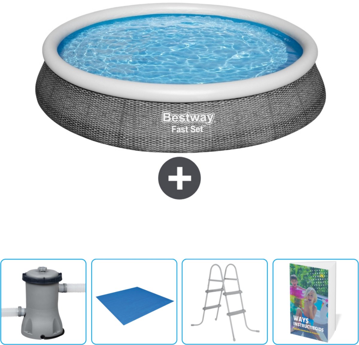 Bestway Rond Opblaasbaar Fast Set Zwembad – Rotanprint – 396 x 84 cm – Inclusief Pomp Grondzeil – Ladder – Zwembadgids