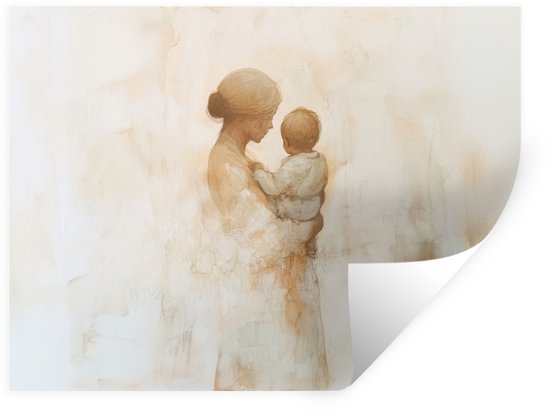Een waterverfschilderij van een moeder die haar baby vasthoudt, met zachte bruine en beige tinten.