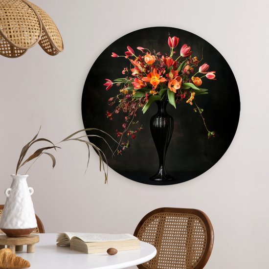 WallCircle® Wandcirkel 60x60 cm - Muurcirkel Sierlijk - Boeket - Vaas - Muurdecoratie woonkamer - Wanddecoratie slaapkamer - Kamer decoratie accessoires - Ronde schilderijen